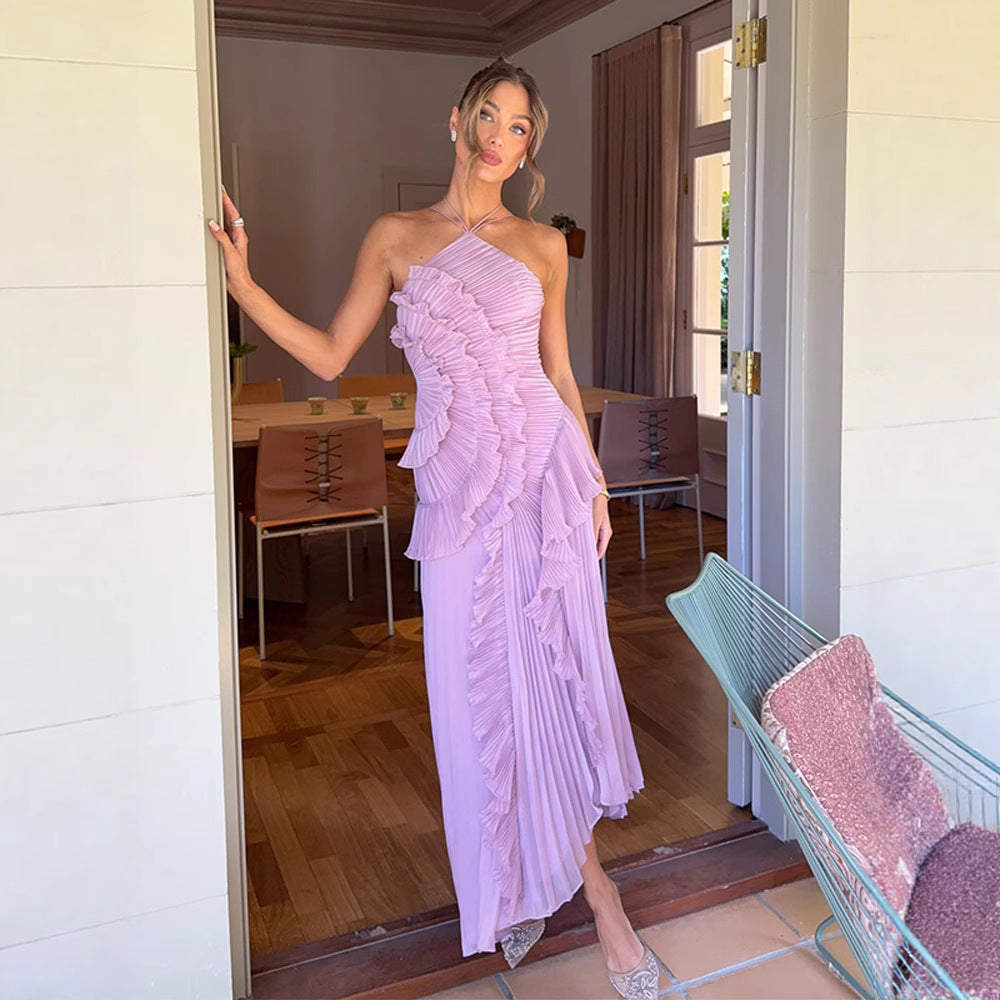 Elegant and refined demeanor, ruffled pleated halter dress