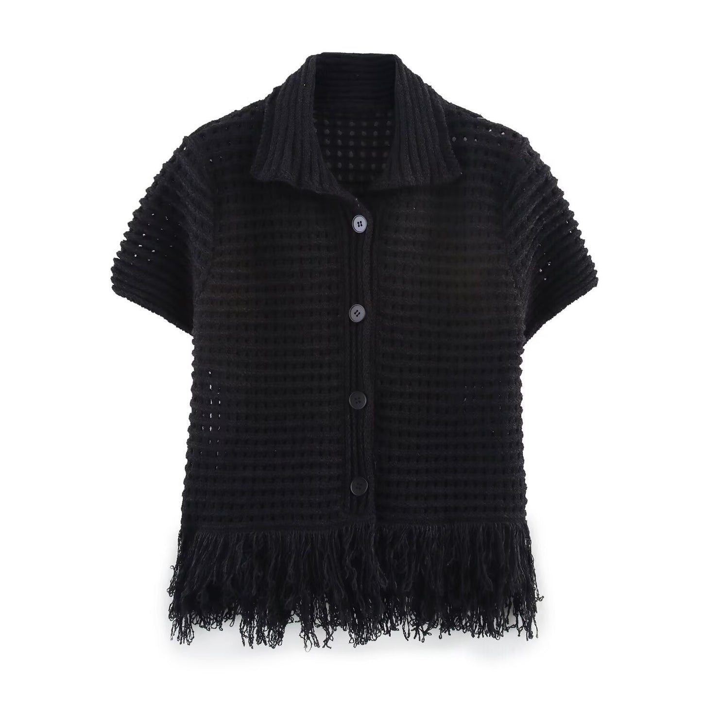 Women's fringed checkered hollowed-out knitted fabric