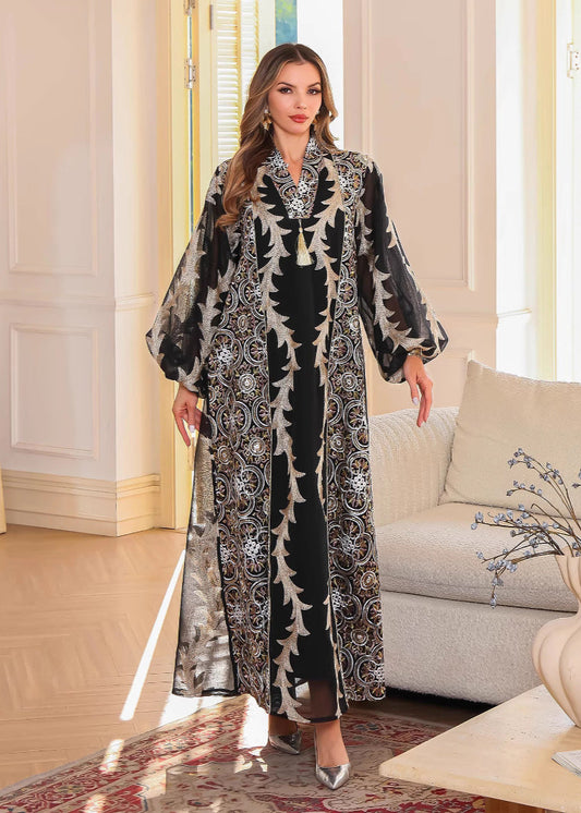 Heavy mesh embroidery long robe Abaya