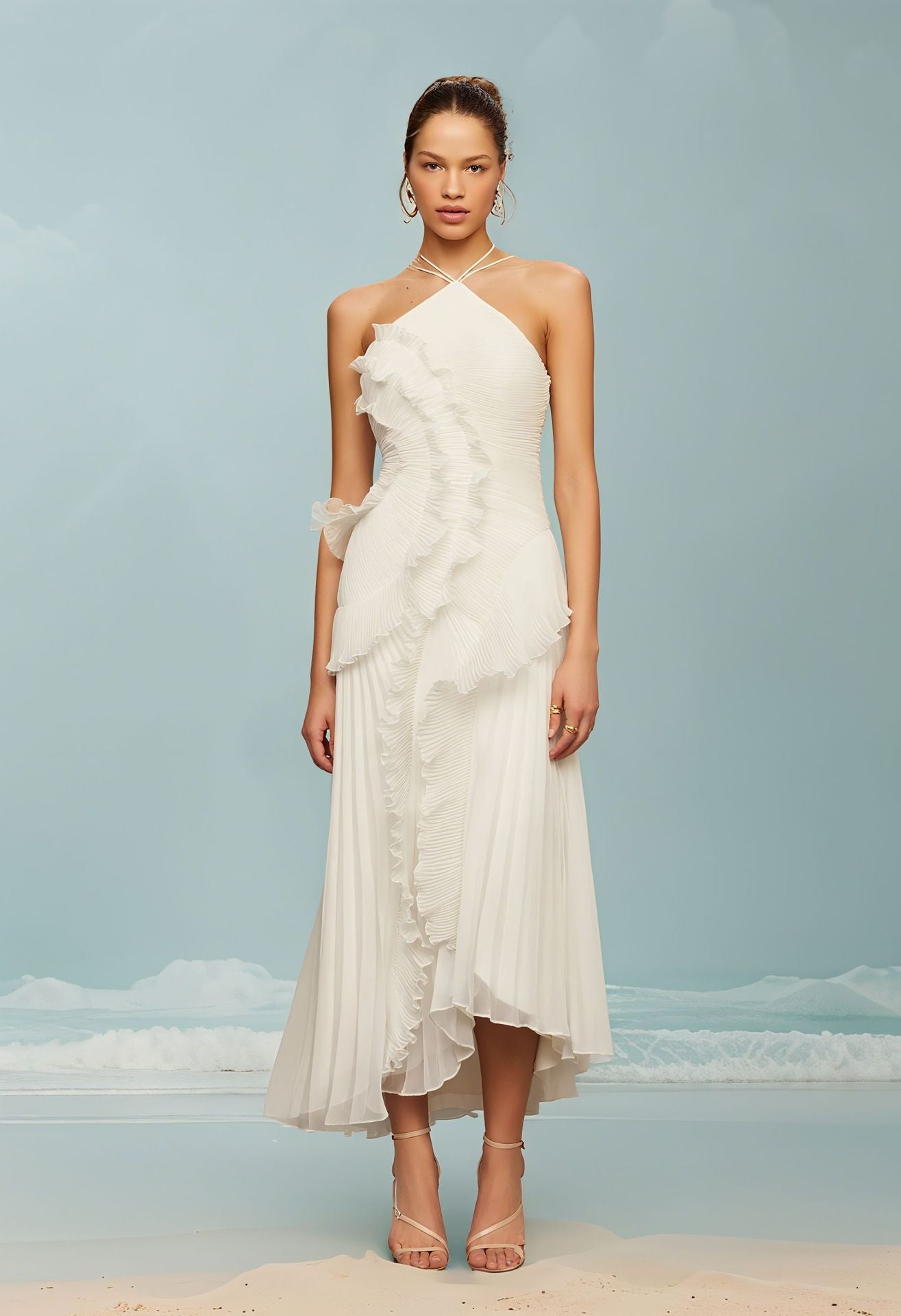 Elegant and refined demeanor, ruffled pleated halter dress