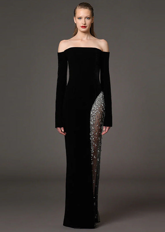 Beaded and diamond-encrusted one-shoulder patchwork mesh long dress