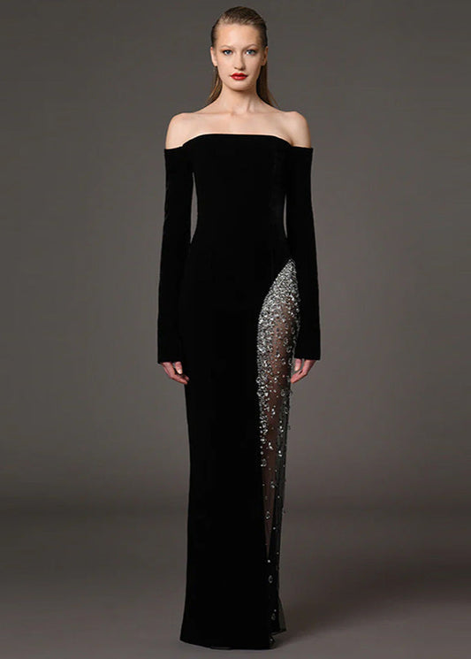 Beaded and diamond-encrusted one-shoulder patchwork mesh long dress