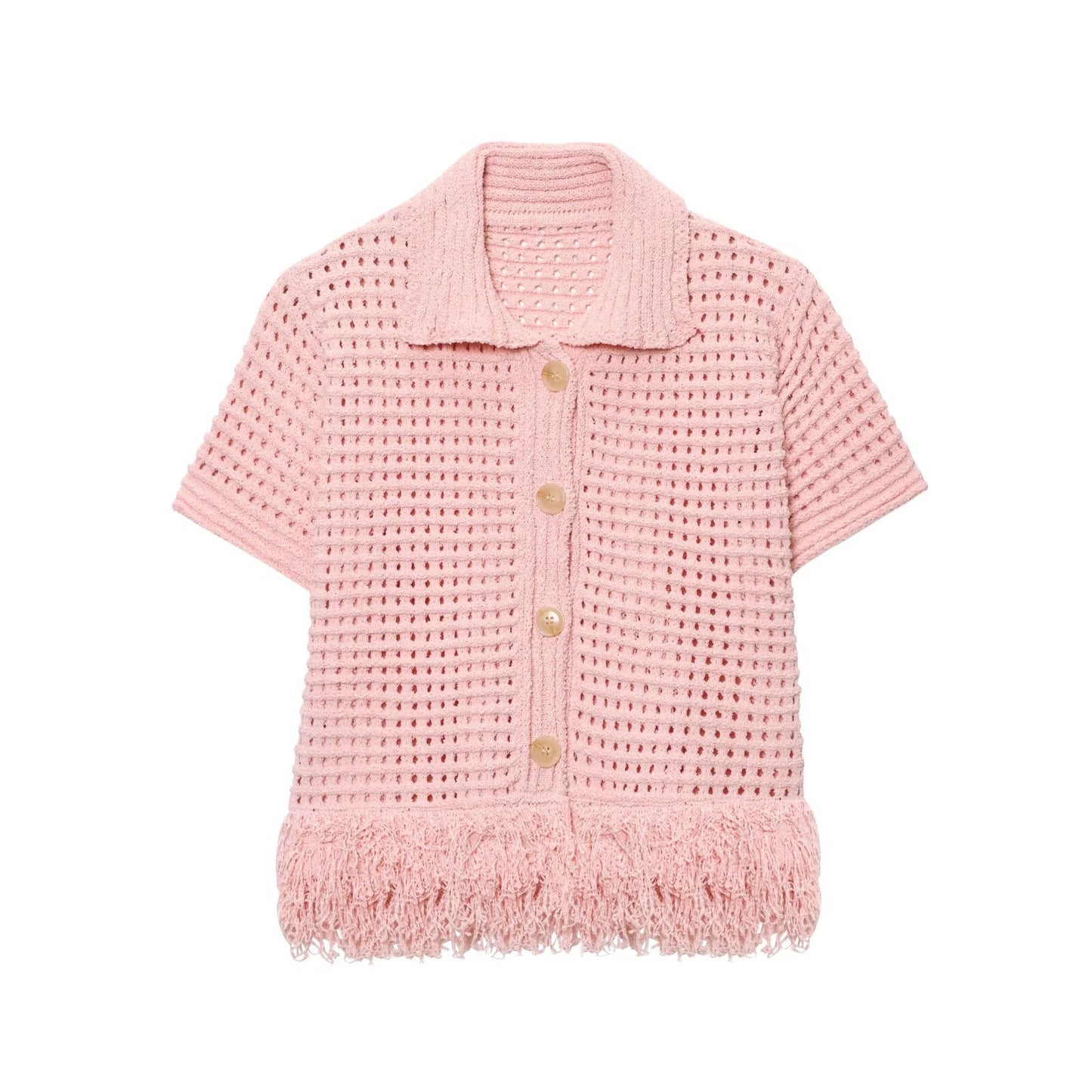 Women's fringed checkered hollowed-out knitted fabric