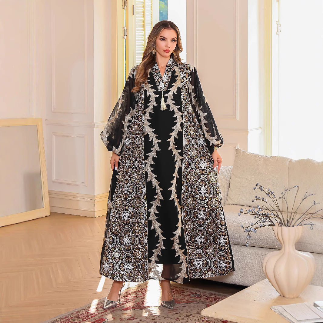 Heavy mesh embroidery long robe Abaya