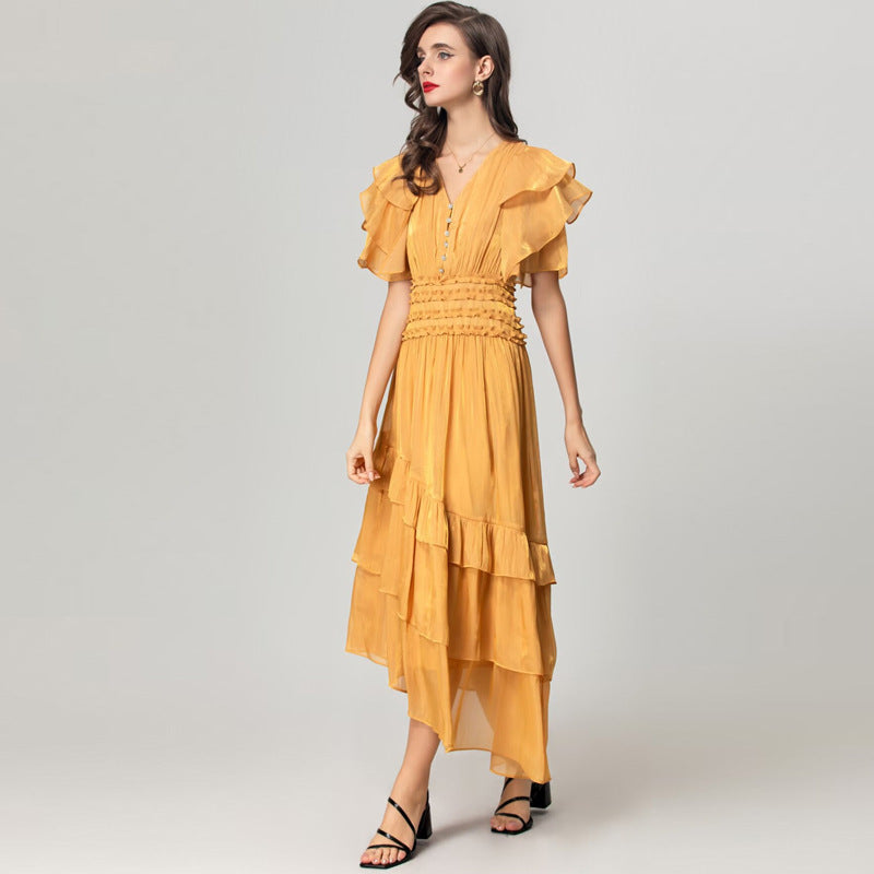 V-neck ruffled irregular dress