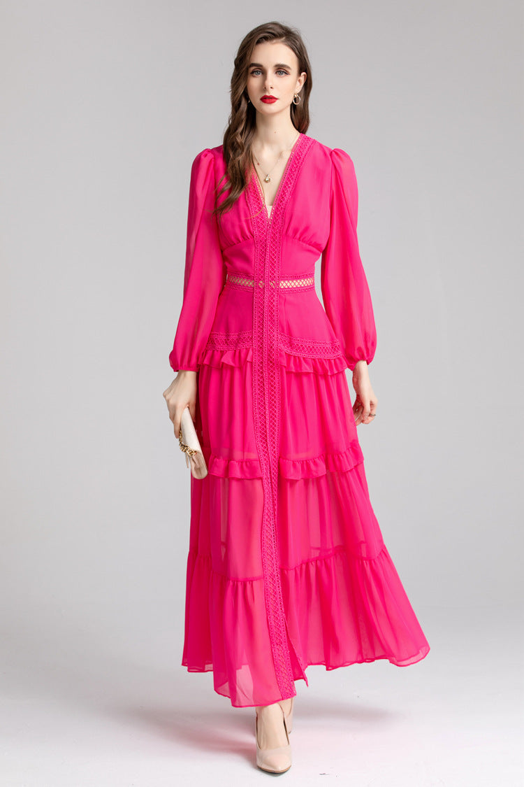 French fashion temperament slim hollow long dress