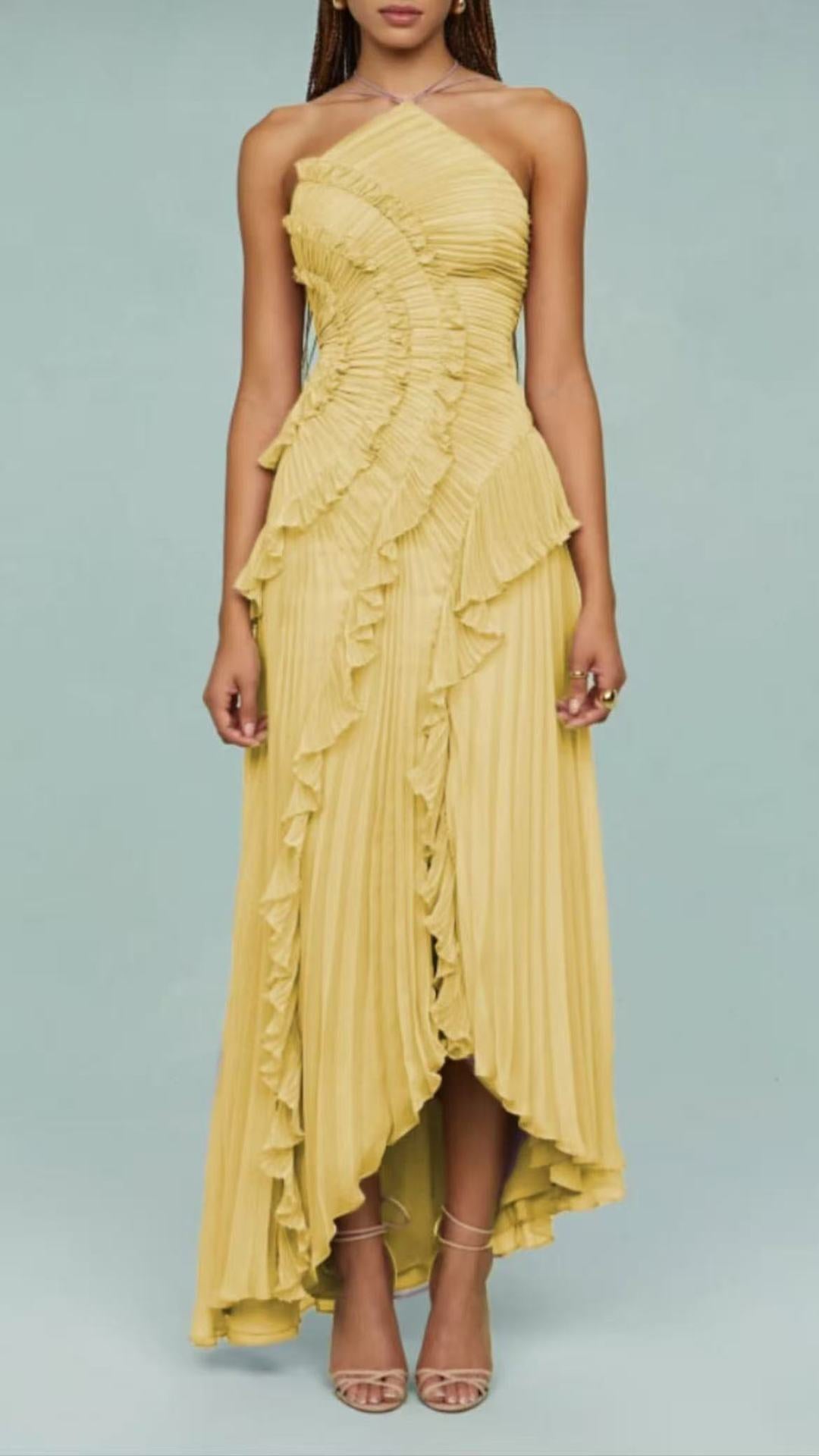 Elegant and refined demeanor, ruffled pleated halter dress