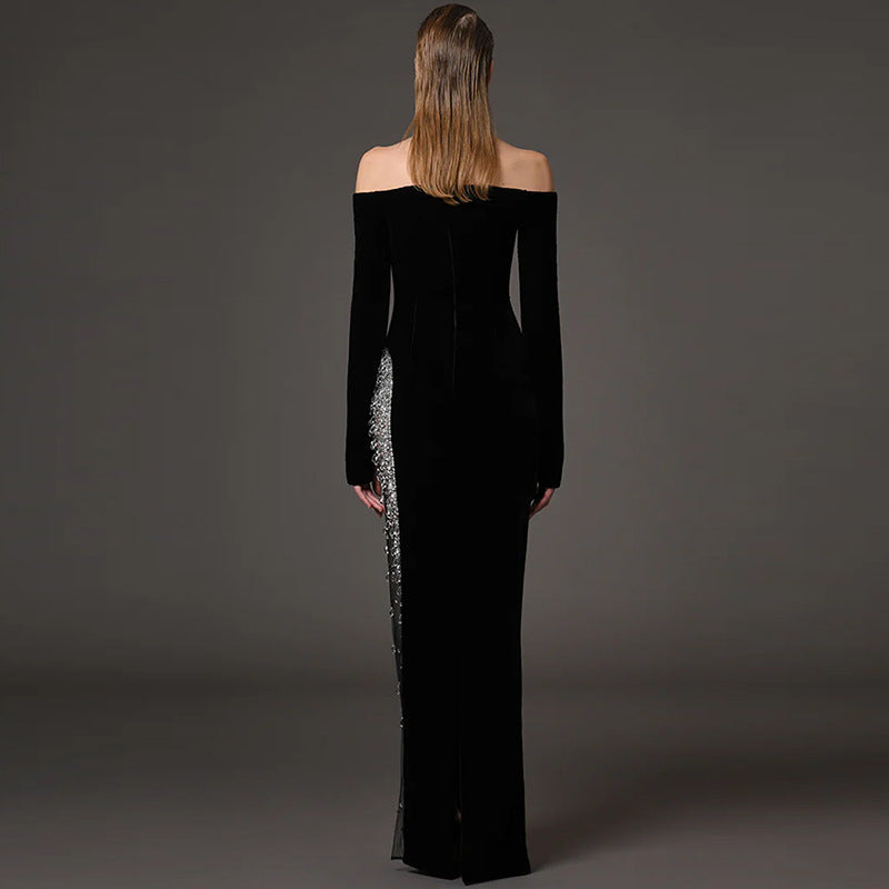 Beaded and diamond-encrusted one-shoulder patchwork mesh long dress