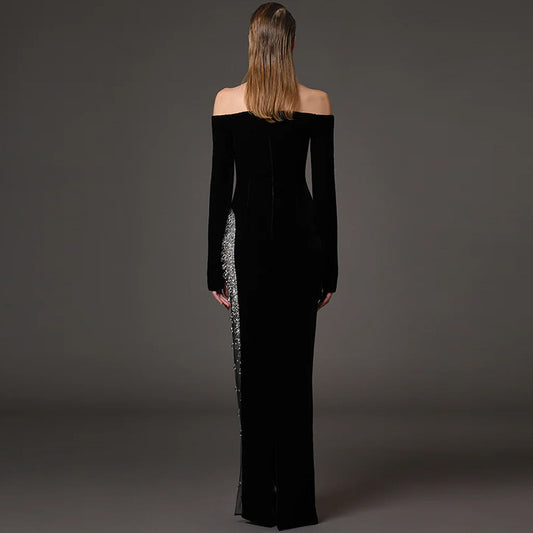 Beaded and diamond-encrusted one-shoulder patchwork mesh long dress