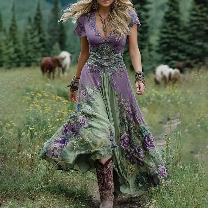 Totem-printed women's V-neck mid-length dress