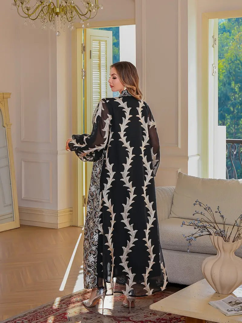 Heavy mesh embroidery long robe Abaya