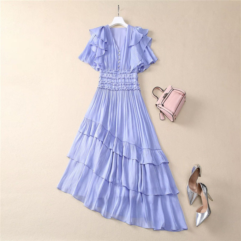 V-neck ruffled irregular dress