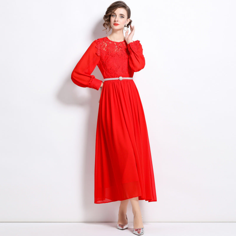 Lace patchwork dress with a belt