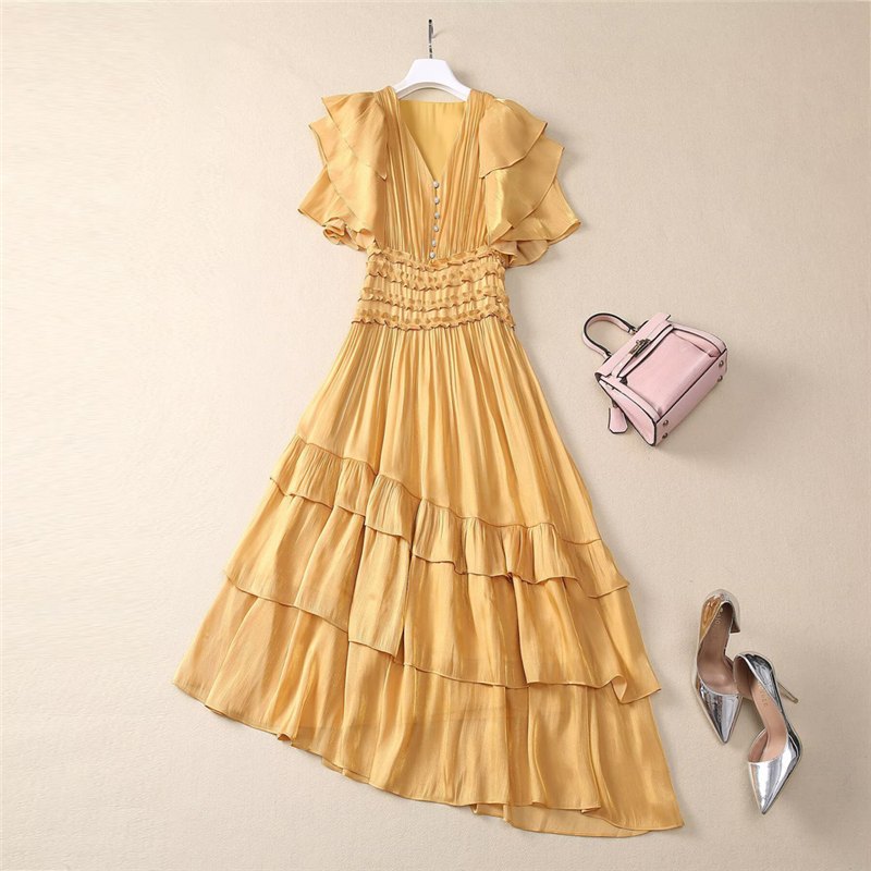 V-neck ruffled irregular dress