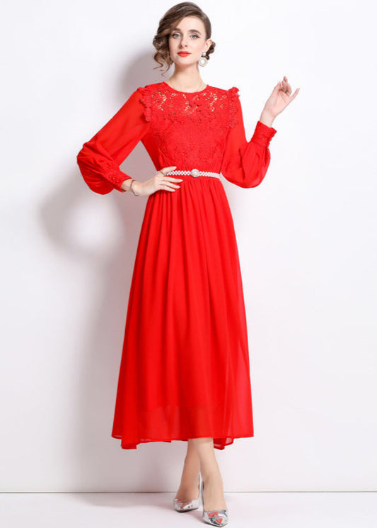 Lace patchwork dress with a belt