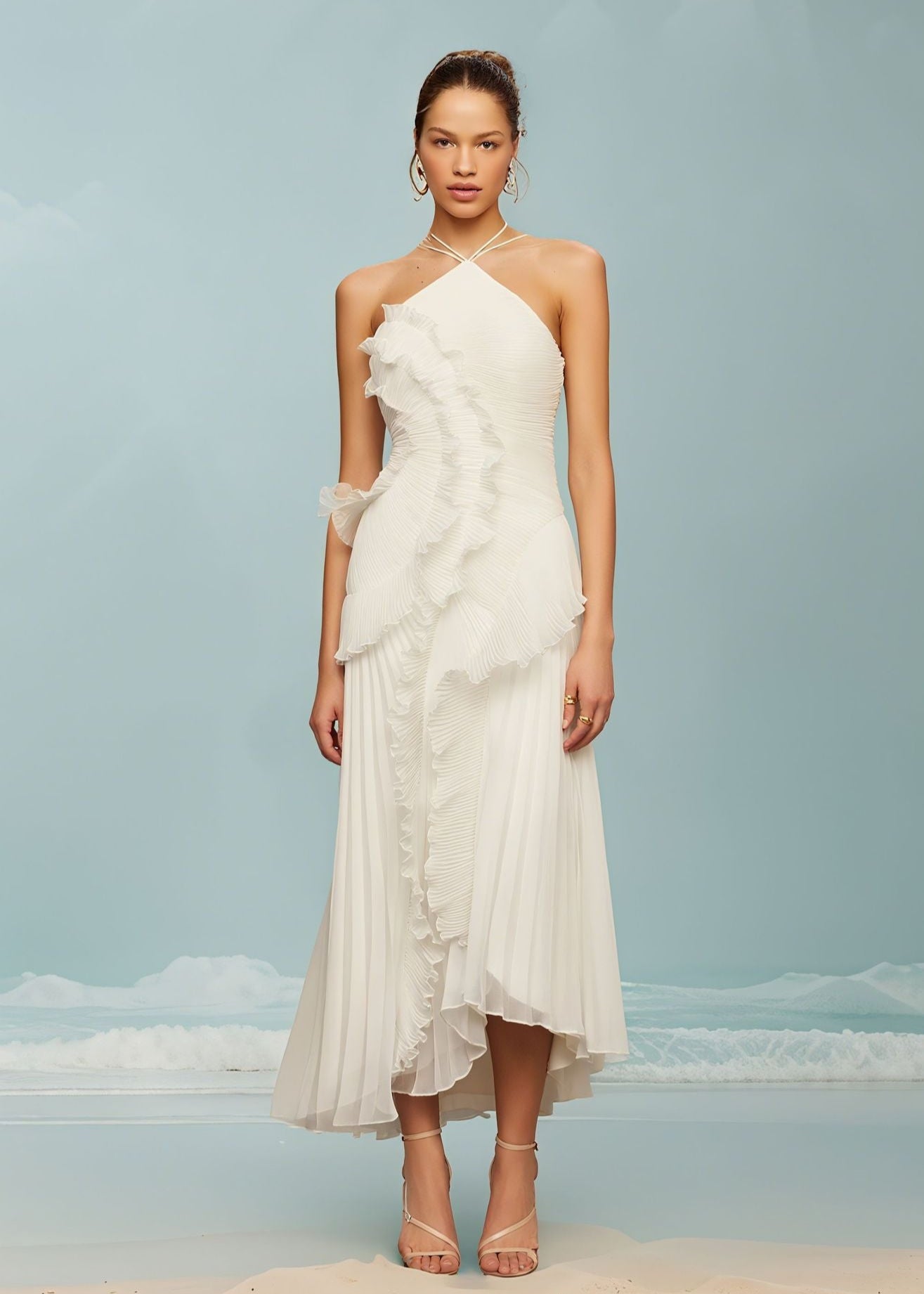 Elegant and refined demeanor, ruffled pleated halter dress