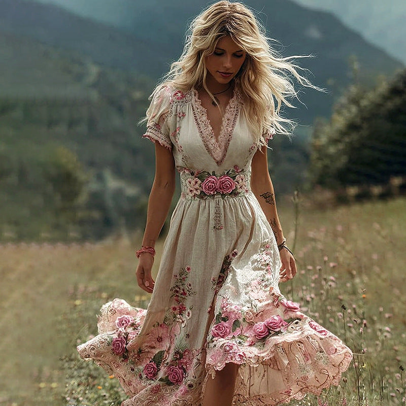 Totem-printed women's V-neck mid-length dress