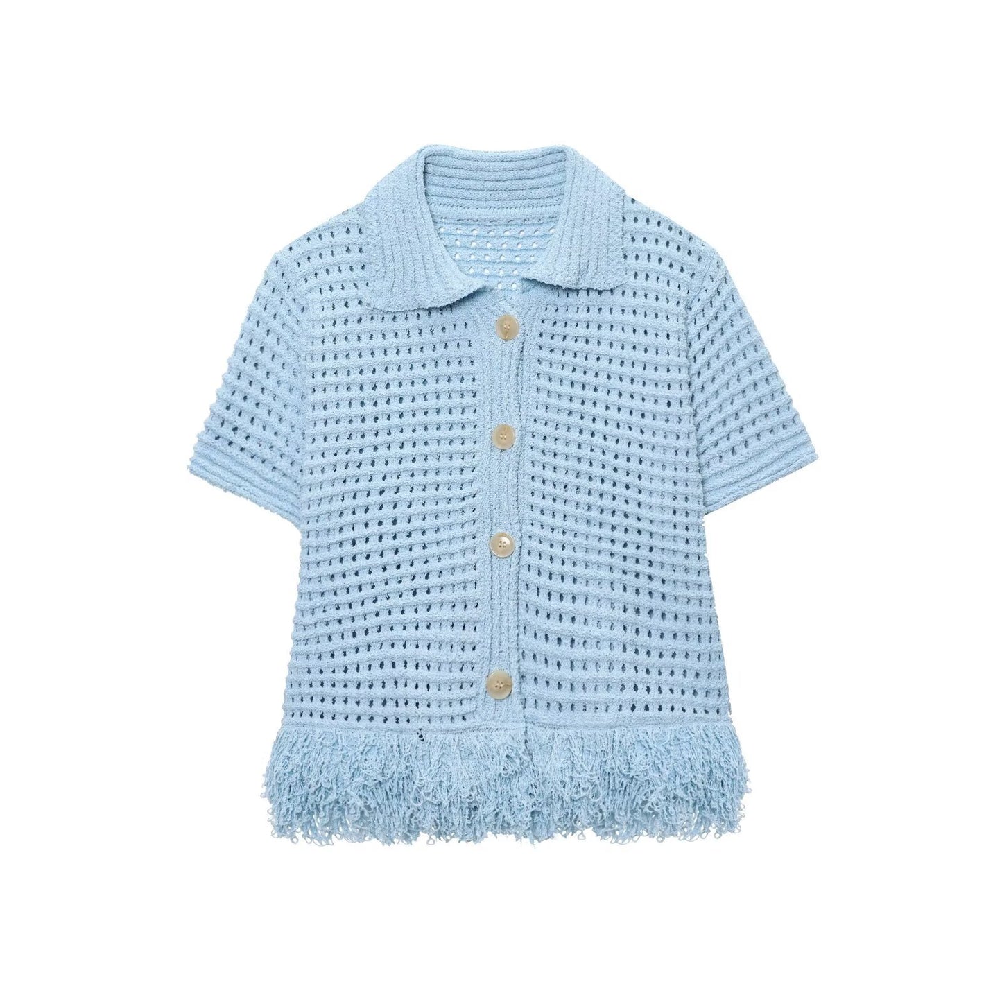 Women's fringed checkered hollowed-out knitted fabric