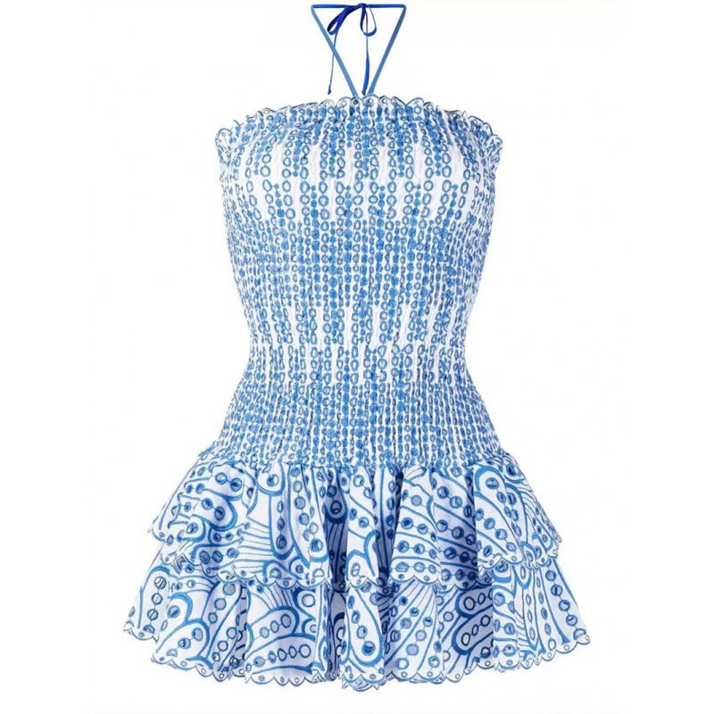 Embroidered waist-shaped ruffled short dress