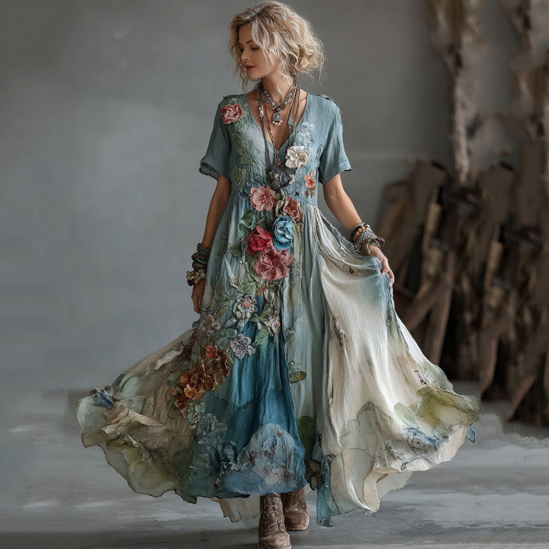 Totem-printed women's V-neck mid-length dress