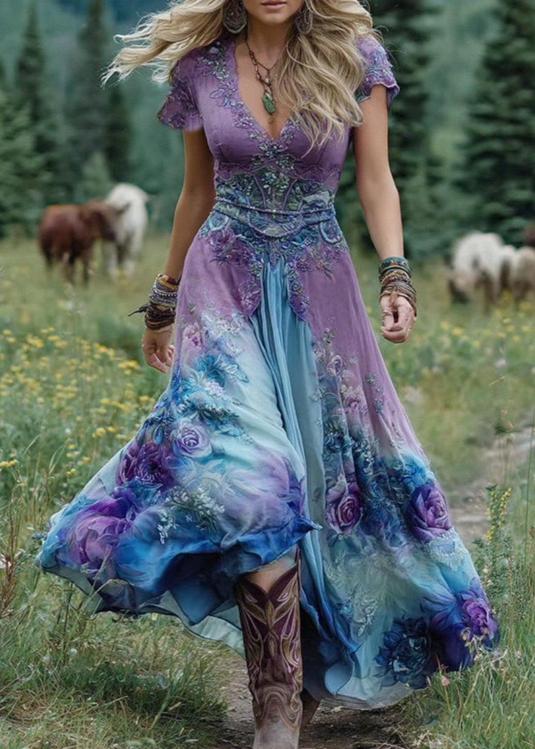 Totem-printed women's V-neck mid-length dress