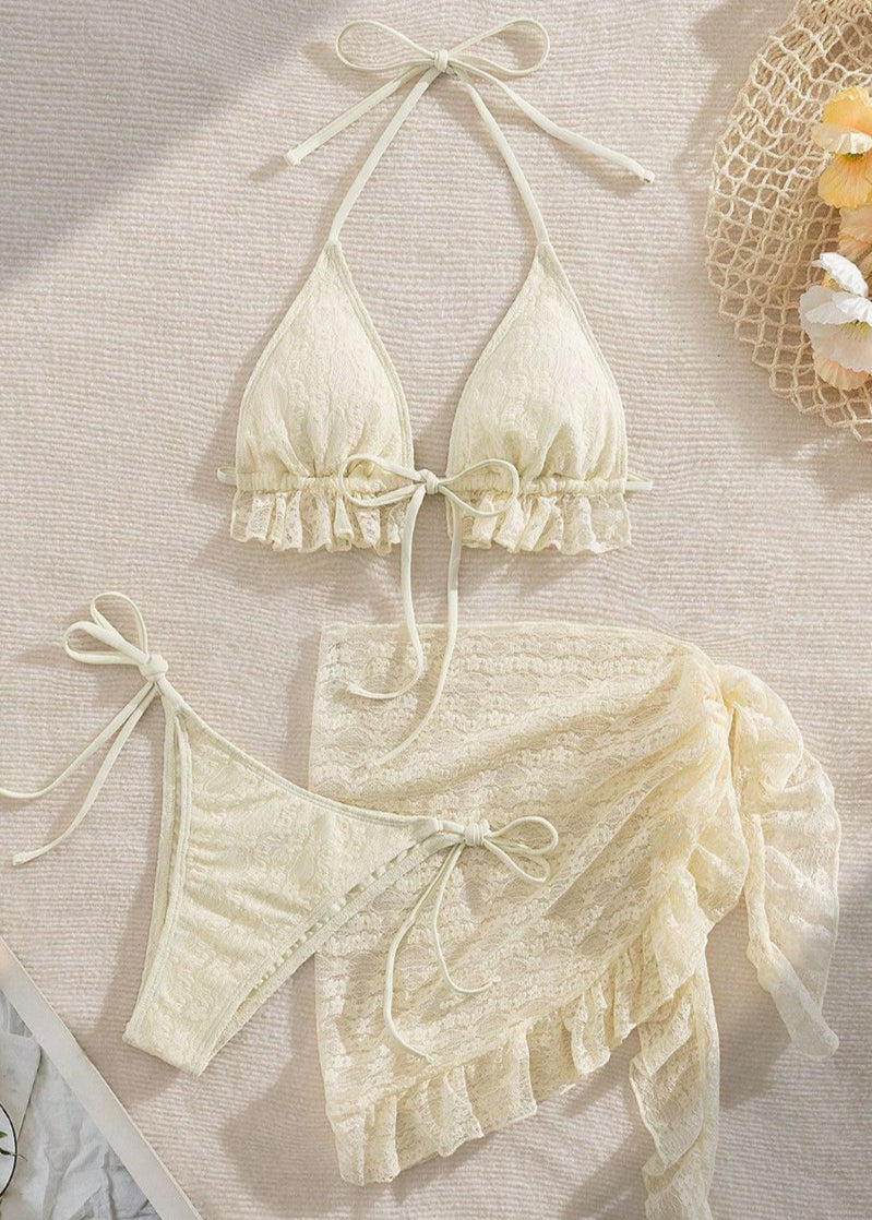 Backless lace swimsuit three-piece bikini