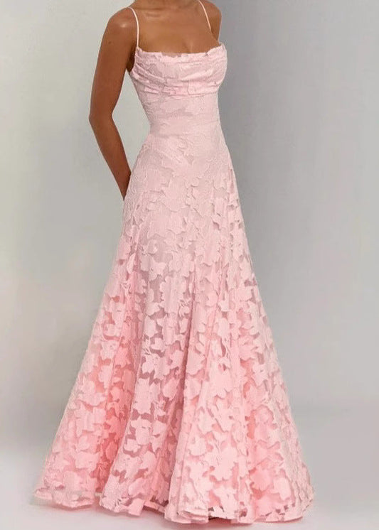 Romantic style backless jacquard halter dress