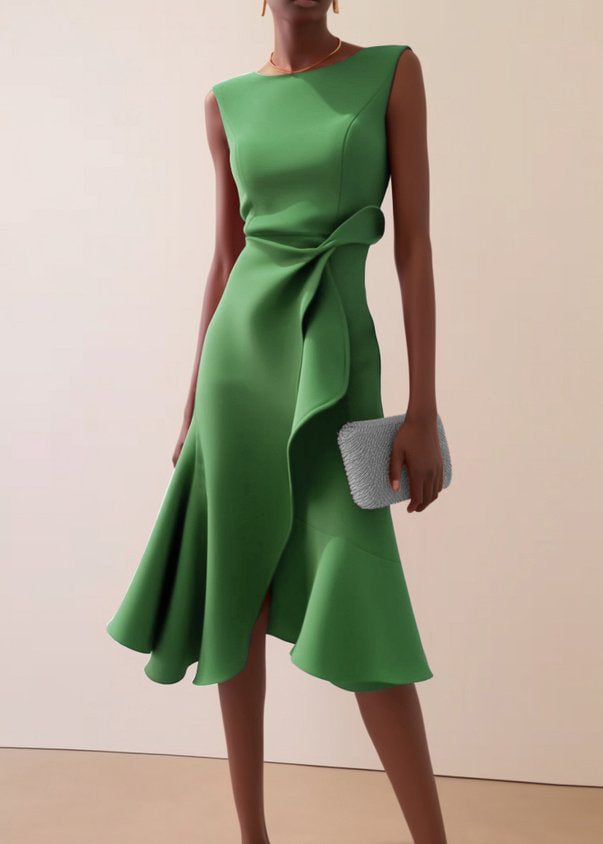 Women's sleeveless red elegant dress with a round neck