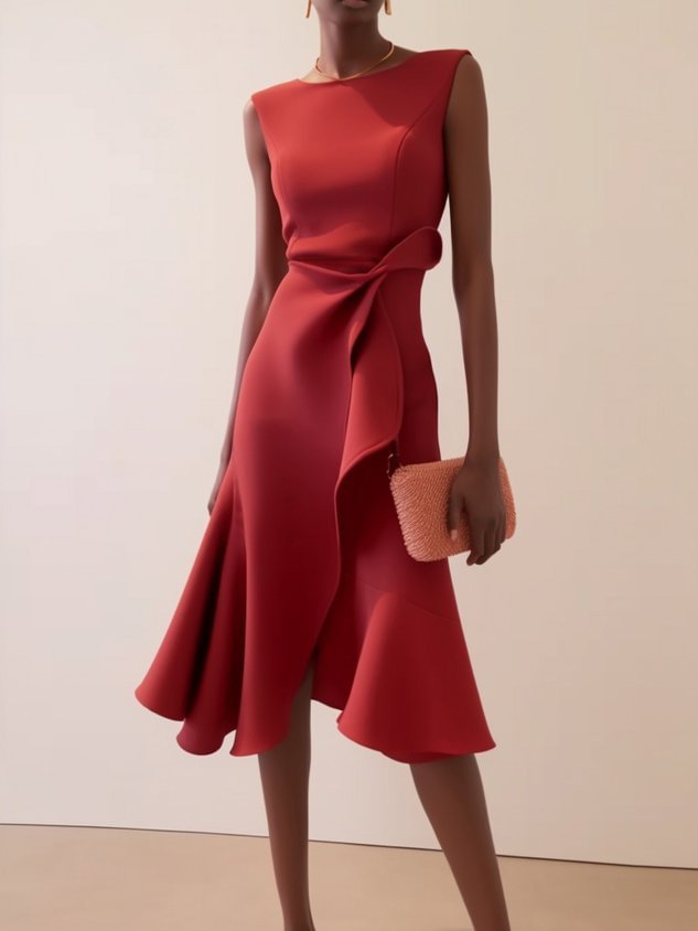 Women's sleeveless red elegant dress with a round neck
